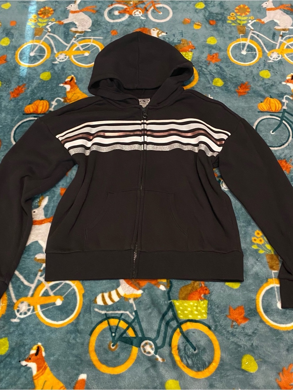 Athletic Works Black Hooded Zip-Up Jacket with White/Rose Gold/Silver Stripes